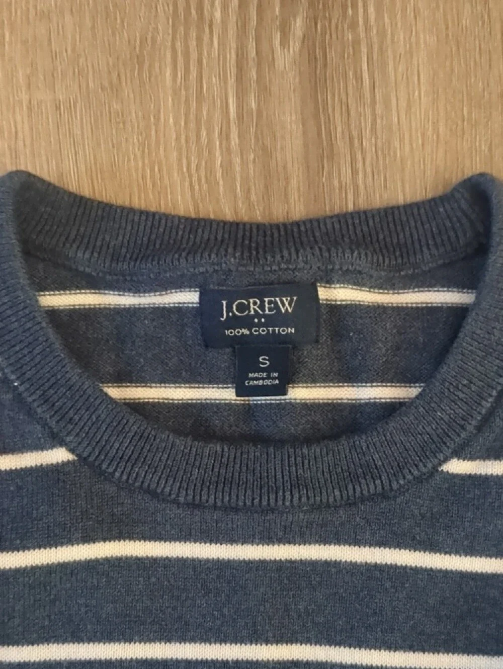 J. Crew Men's Navy and White Striped Crewneck Sweater